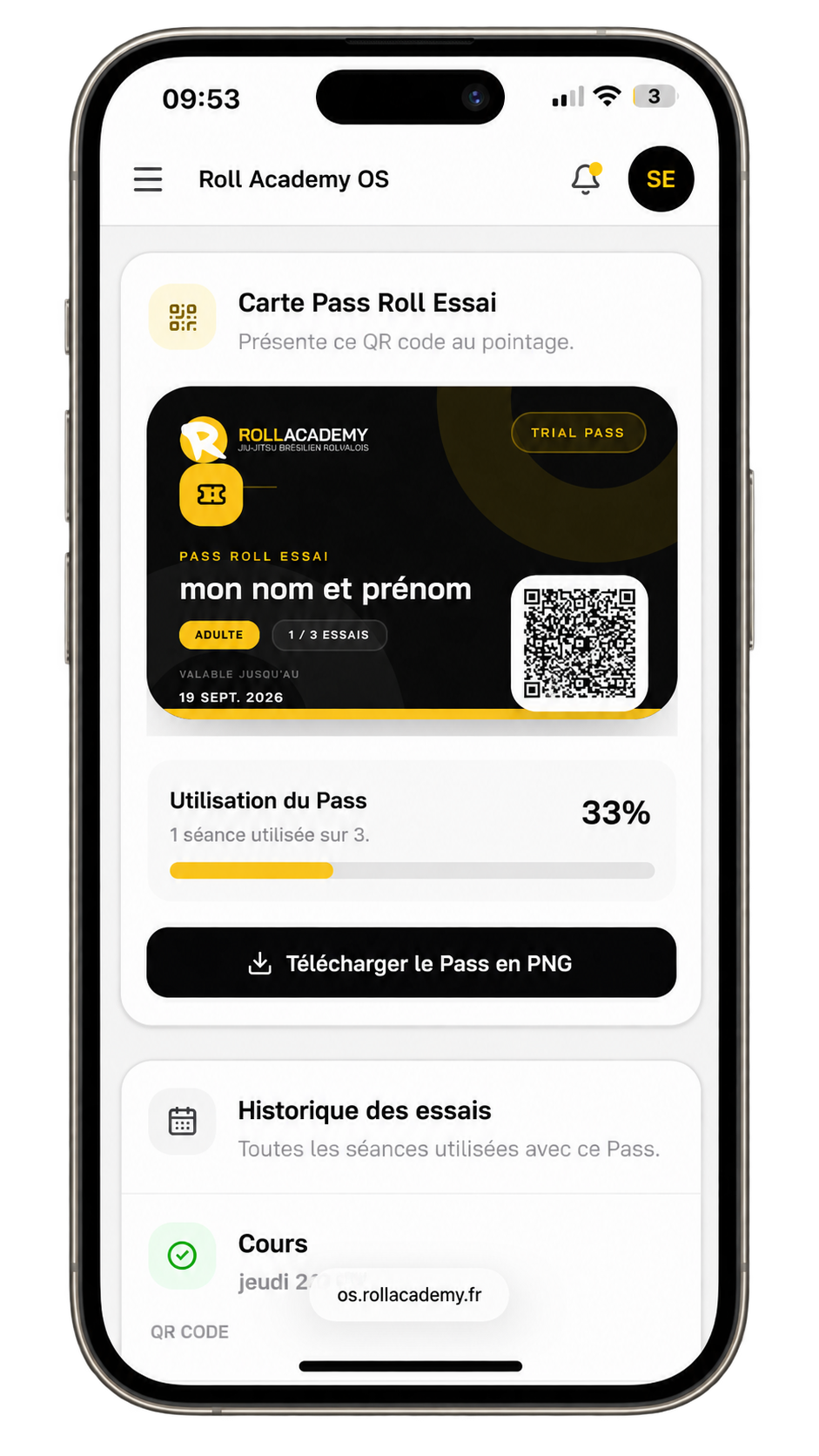 Pass Roll Essai Roll Academy affiché sur téléphone